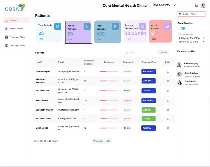 Therapist dashboard view